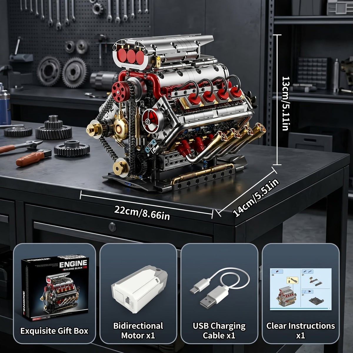 V8 Engine Building Block Kit 1176pcs - Operable Car Engine Model with Rechargeable Motor, STEM DIY Assembly Set, Desktop Display Collectible | Hobby Gift for Mechanics & Engineering Enthusiasts