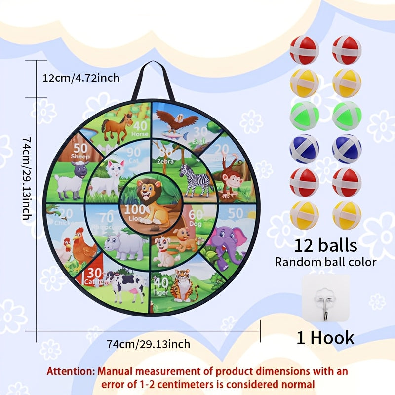 29 Inch Kids Sticky Ball Target Toss Game with 12 Sticky Balls - Large Animal Target Double-Sided Indoor Outdoor Party Activity for Boys and Girls, Fun Summer Birthday Christmas Halloween Gift Toy