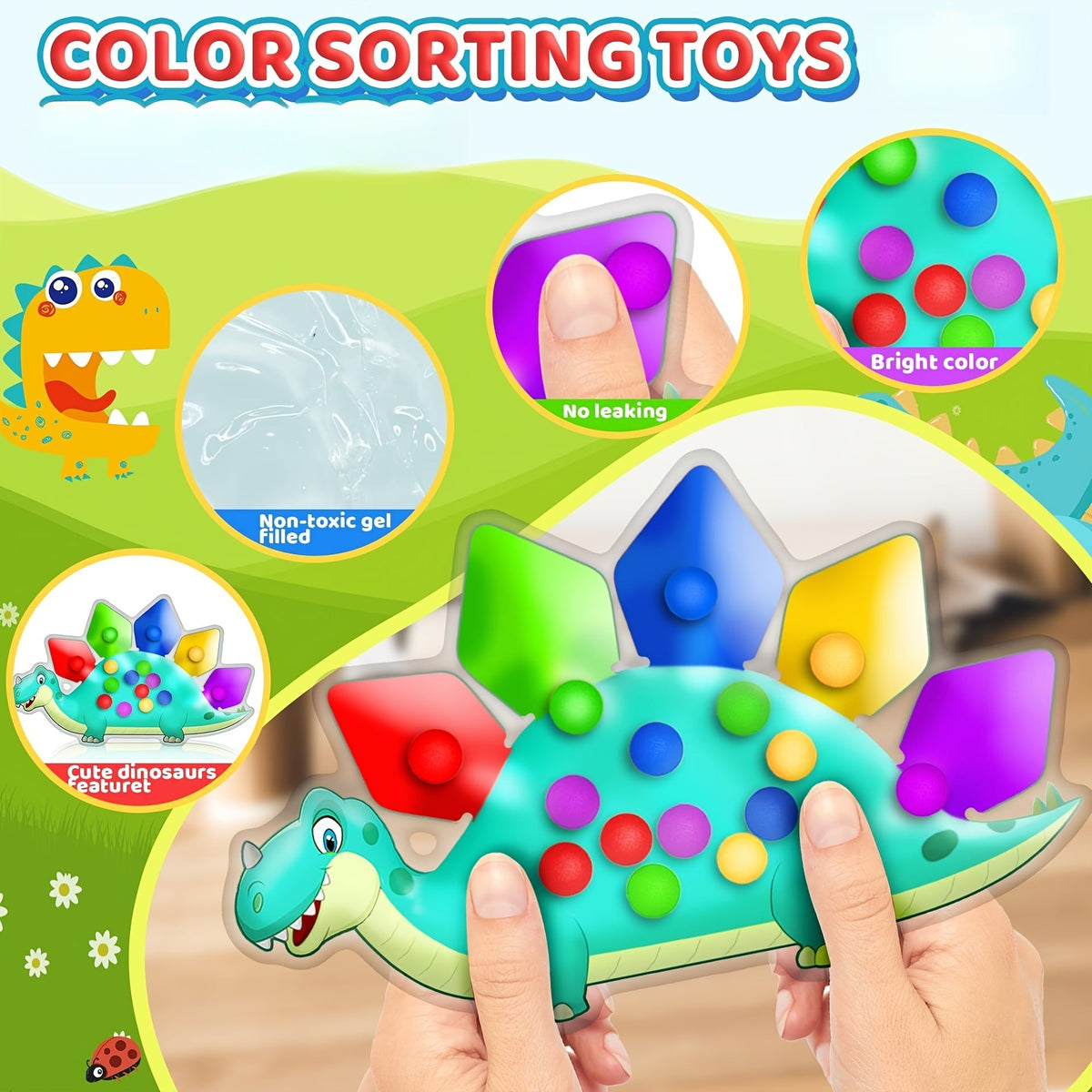Dinosaur Color Sorting Sensory Fidget Toy Bag Fine Motor Skills Toy Color Classification Learning Activity for Toddlers Preschool Classroom Road Travel Valentine Gift