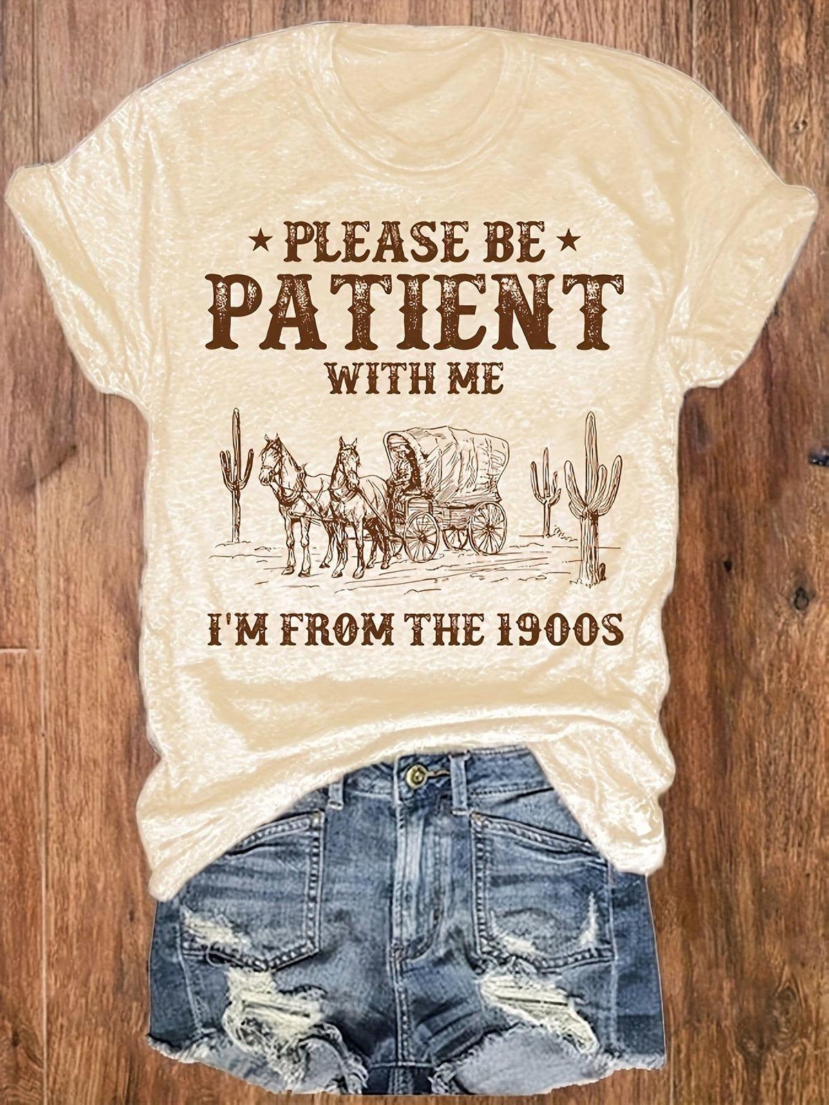 Please Be Patient With Me I'm From The 1900s Western Graphic Tee Women Funny Vintage Cowgirl Shirt Short Sleeve Crew Neck
