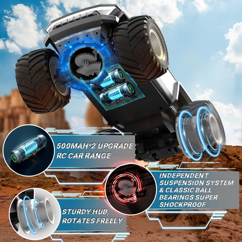 RC Monster Truck Toy 1:12 Scale 2.4GHz 4WD All Terrain Remote Control Car with LED Lights Realistic Sound Effects Ergonomic Grip Off-Road Vehicle for Kids Adults