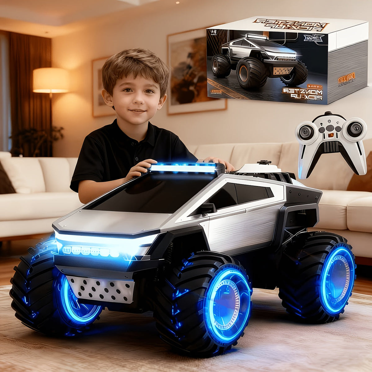 RC Monster Truck Toy 1:12 Scale 2.4GHz 4WD All Terrain Remote Control Car with LED Lights Realistic Sound Effects Ergonomic Grip Off-Road Vehicle for Kids Adults