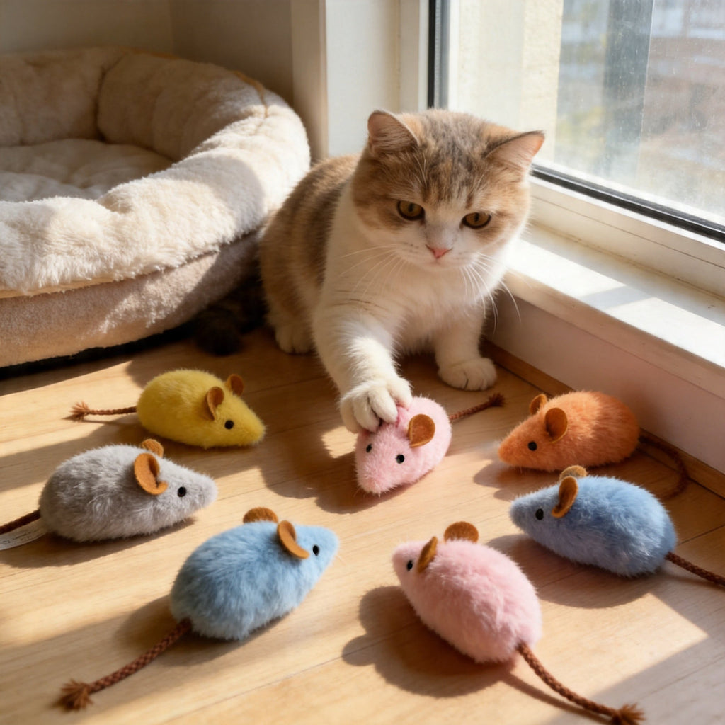 3-Pack Cat Squeaky Plush Toy Set – Long-Tail Mouse & Fishbone Interactive Catnip-Style Teething Toys with Built-In BB Squeaker, Durable Chew & Dental Cleaning Cat Toys, No Battery, Random Colors
