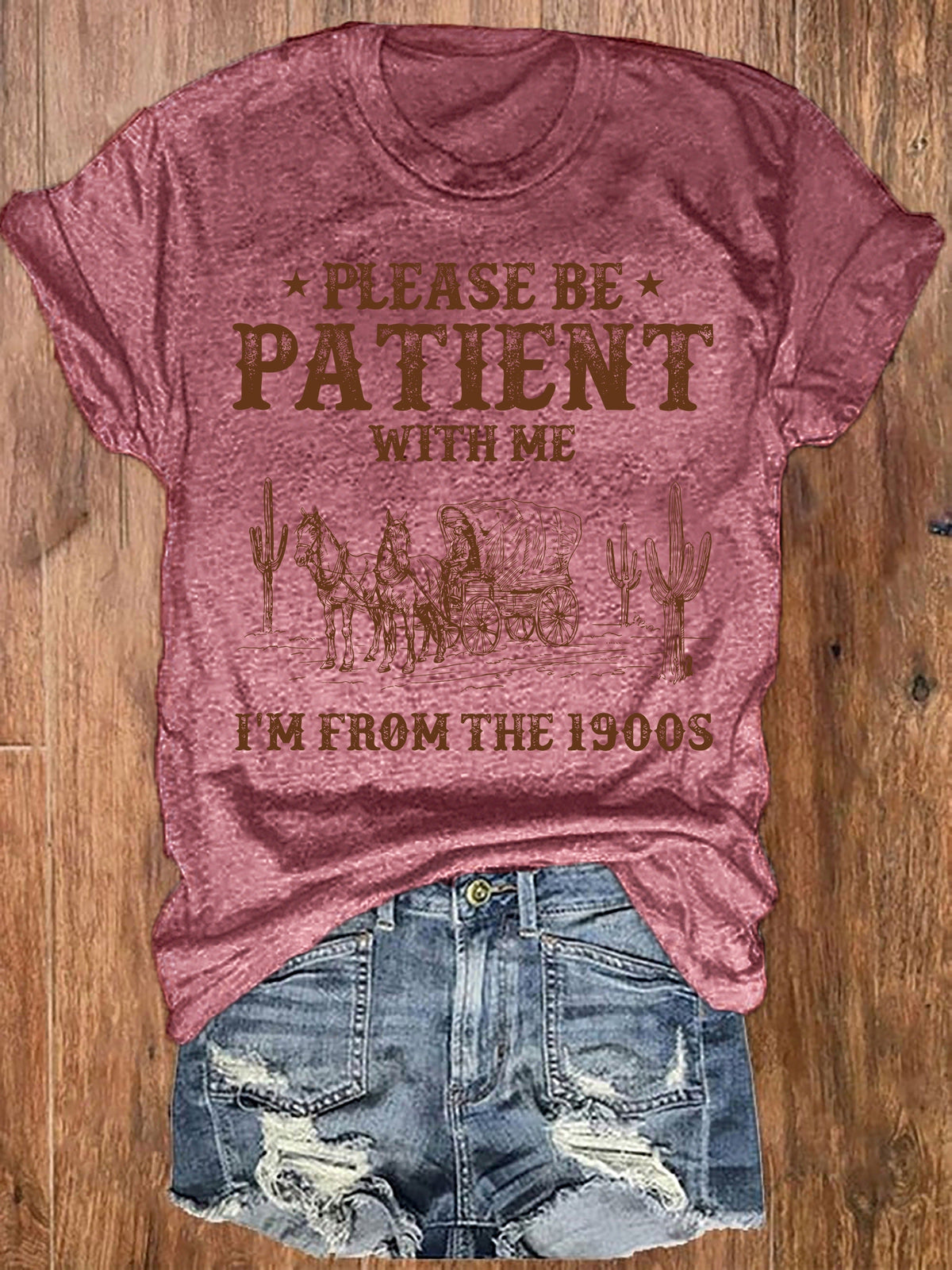 Please Be Patient With Me I'm From The 1900s Western Graphic Tee Women Funny Vintage Cowgirl Shirt Short Sleeve Crew Neck