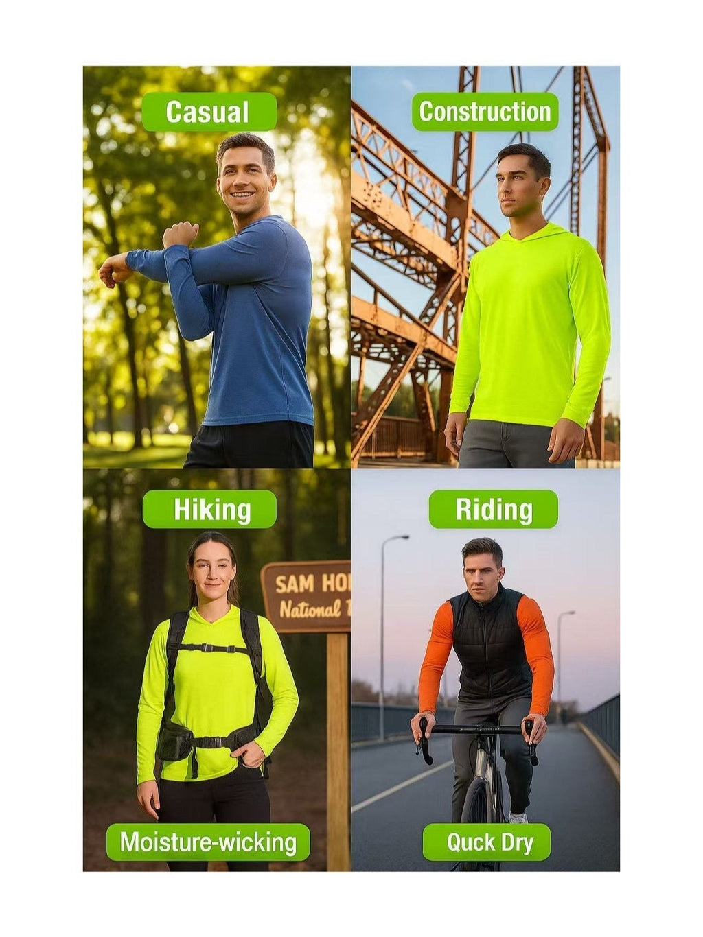 Men's UPF 50+ Sun Protection Hoodie Shirt 3-Pack Long Sleeve Moisture-Wicking Quick-Dry Breathable Outdoor Performance T-Shirt for Hiking Fishing Running – Sizes S to XXXL, Fluorescent Yellow