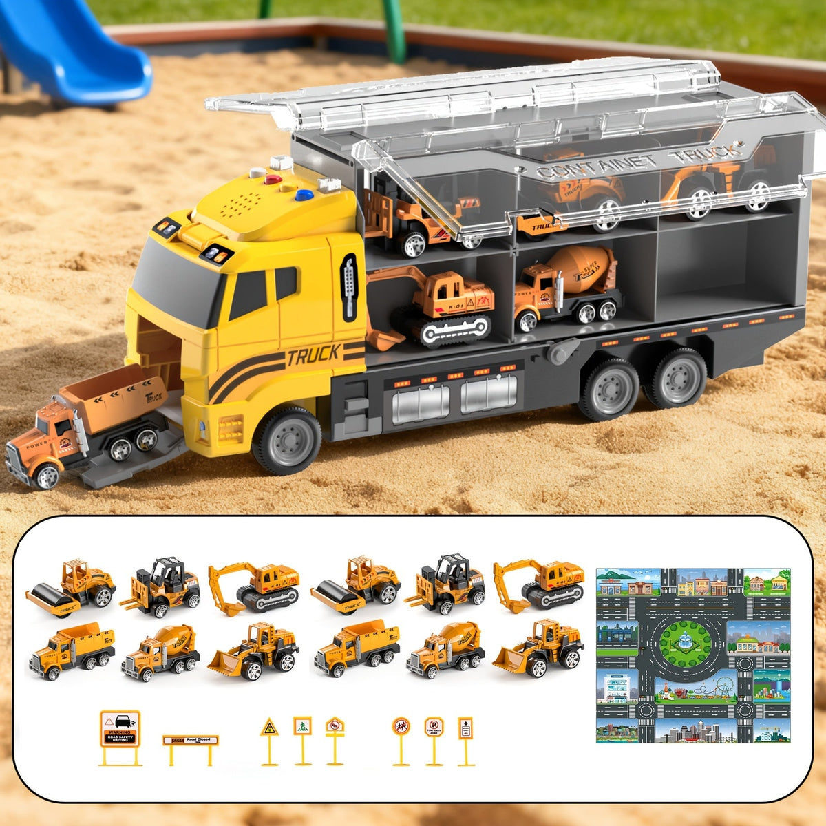 13-in-1 Construction Truck Vehicle Toy Set for Kids Ages 3+ – Die-Cast Cars, Play Mat & Transport Carrier, Sound Effects, Birthday Christmas Gift (Random Accessories)