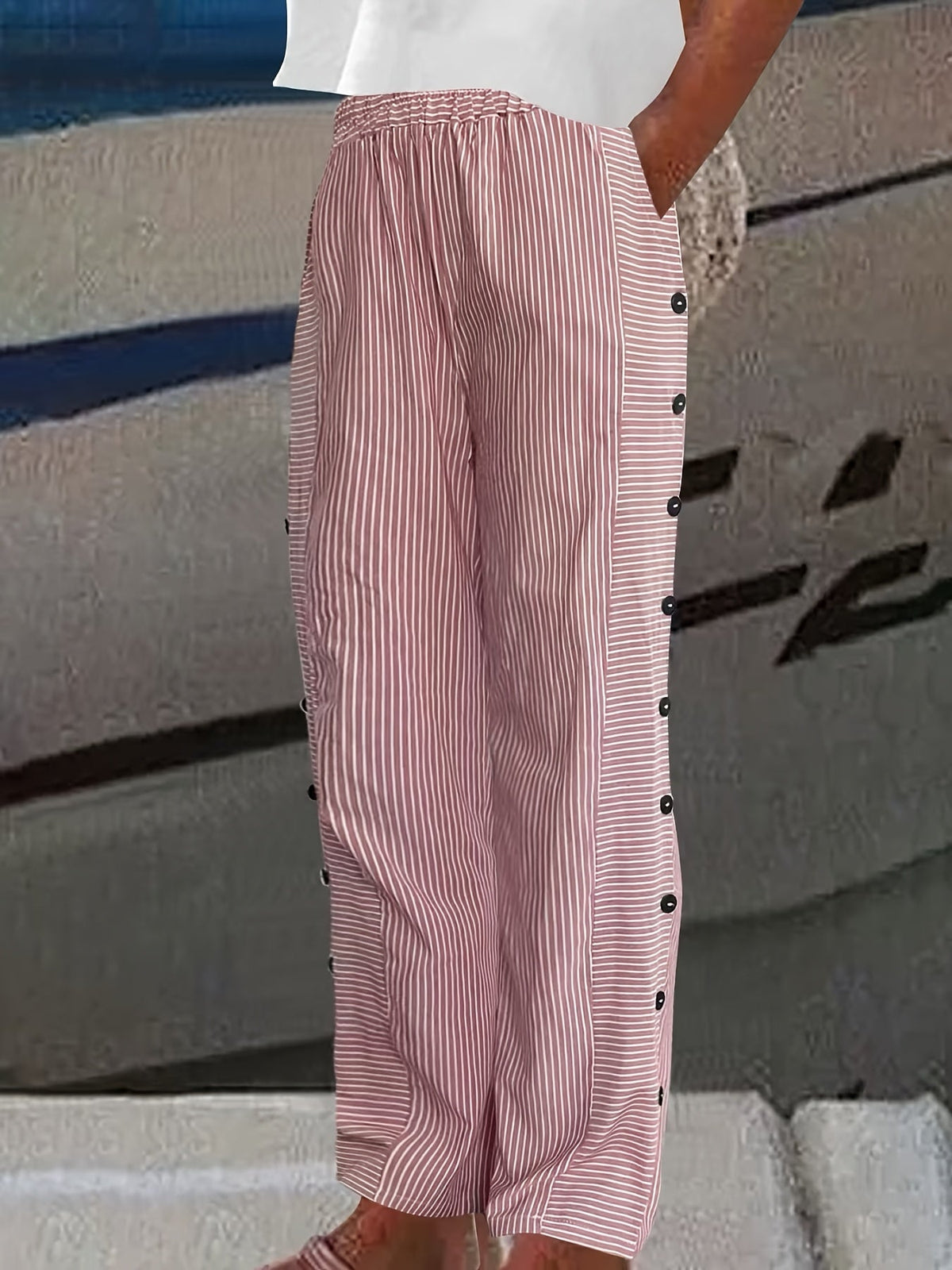 Women's Striped Straight Leg Casual Trousers – Classic Western Style Spring Summer Pants with Pockets for Everyday & Smart Casual Wear