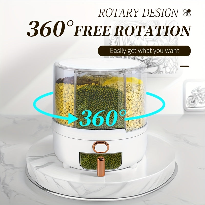 Rotating Cereal Dispenser 6-Grid Large Capacity Airtight Rice Storage Container, Moisture-Proof Insect-Proof Grain Dispenser with Transparent Window & Press Button, Food-Grade PP for Rice Grains Flour