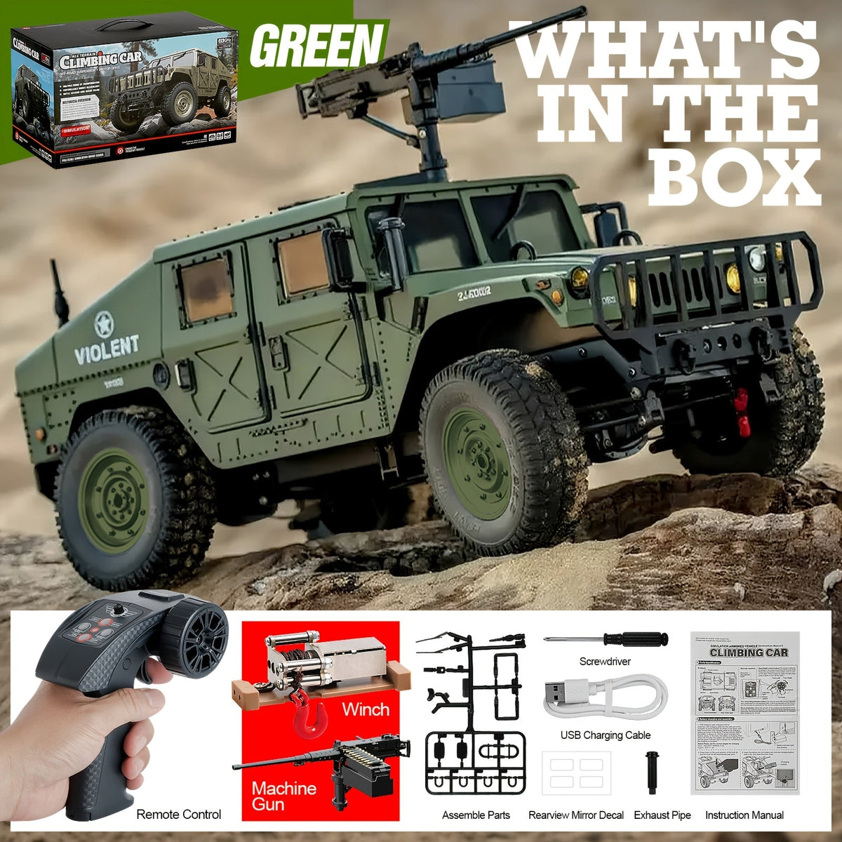 C8835 Full-Scale RC Military Off-Road Vehicle for Adults - Full-Proportion Transmission, Variable Speed, Climbing, Multi-Mode LED Lighting, 5 Openable Doors, Optional Machine Gun & Winch Accessories
