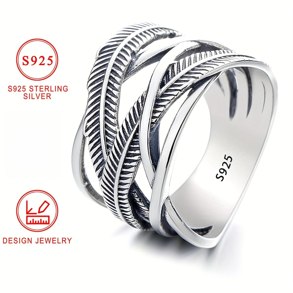 925 Sterling Silver Feather Ring Vintage Hip Hop Infinity Cross Band Fashion Jewelry for Women and Men Sizes 6 7 8 9 10 Daily Wear Gift