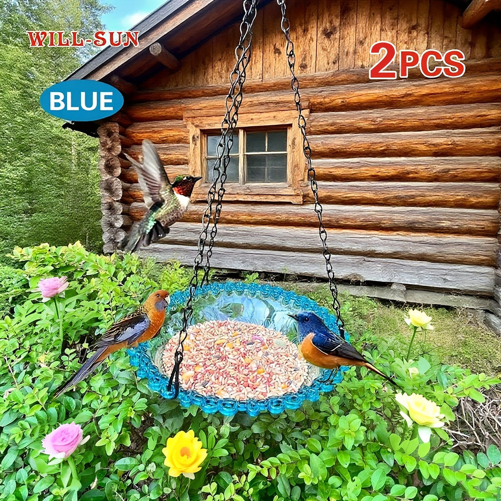 Hanging Bird Feeder 2-Pack with Chain - Decorative Double Bowl Bird Bath & Feeder for Outdoor Garden & Yard, Attracts Hummingbirds & Wild Birds, No Electricity Needed, Durable Plastic (4 Colors)