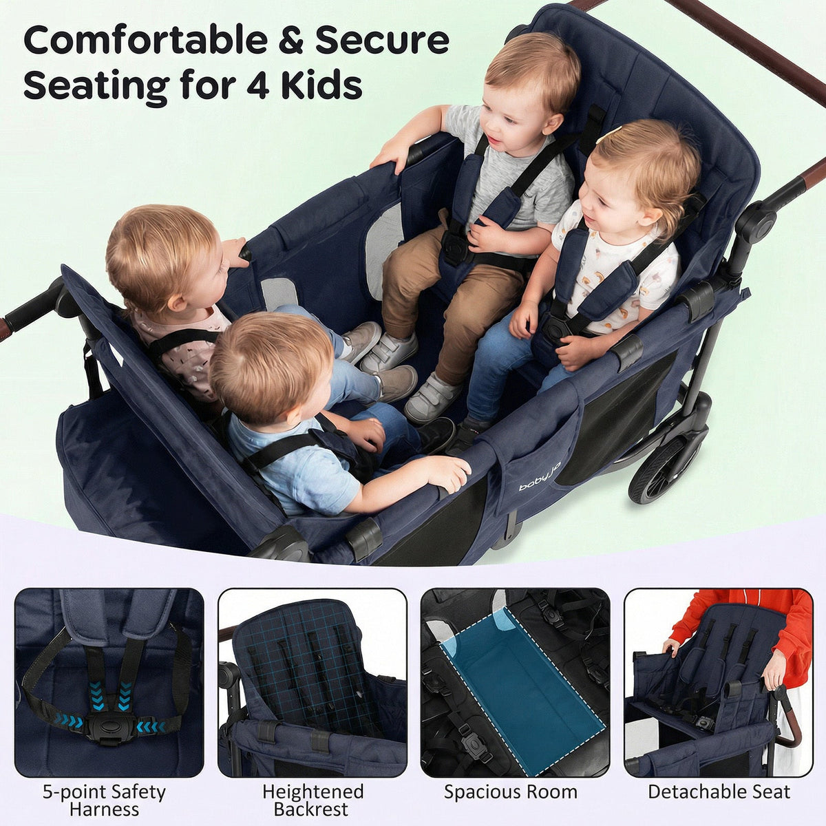 4-Seater Wagon Stroller for Kids, Foldable Push-Pull Toddler Wagon with Removable Canopy, 5-Point Safety Harness, Adjustable Handles, Snack Tray & Storage Bag - Convertible Family Outdoor Cart for 4 Children