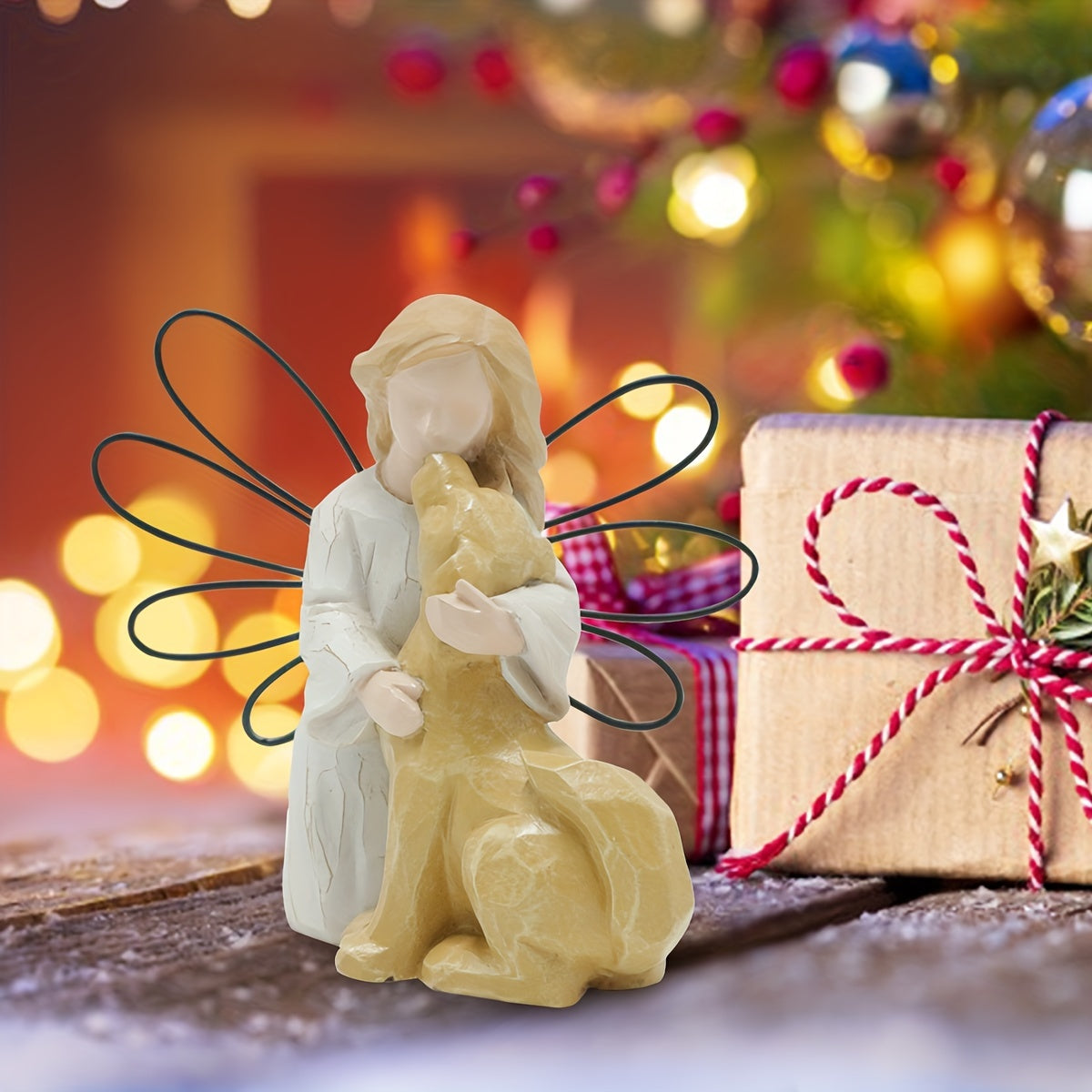 Angel Embracing Dog Memorial Resin Statue – Healing Pet Loss Figurine, Indoor Home Decor for Living Room, Dog Remembrance & Anniversary Gift – Wooden Carved Angel & Dog Design