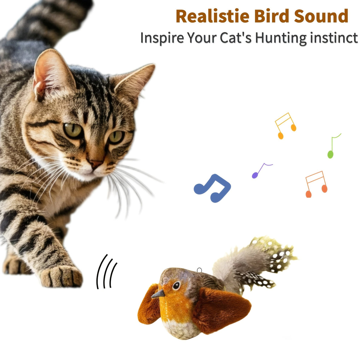 Interactive Plush Bird Cat Toy with Feathers Touch-Activated Squeaker Whistle Inside Battery-Free Chew-Resistant Cat Hunting Toy Stimulates Instincts for Indoor Cats Kittens