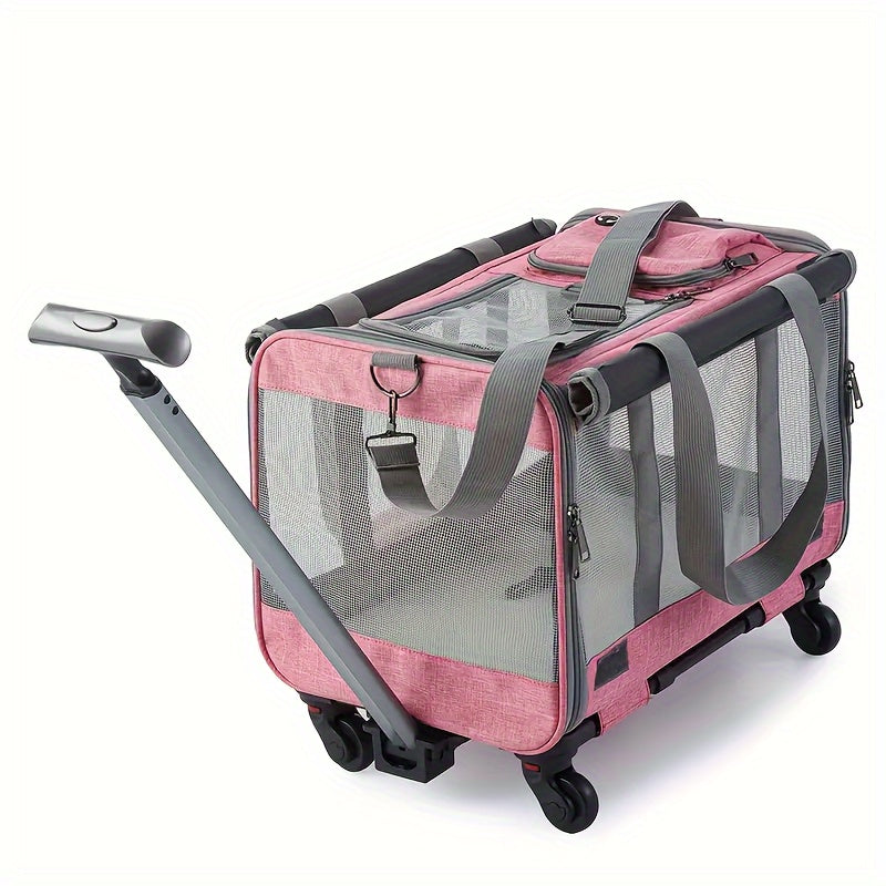 Portable Pet Stroller Carrier with Aluminum Frame & Wheels - Travel Luggage Style Rolling Pet Carrier for Cats Small Dogs with Pull Handle Stress-Resistant Plastic Shell - Pink Blue