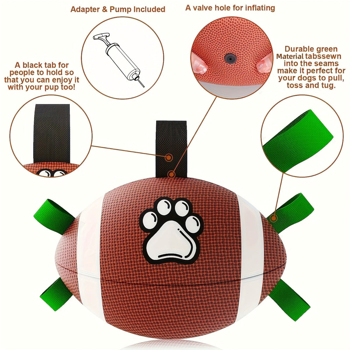 Inflatable Rubber Dog Football with Air Pump – Chew-Resistant Interactive Fetch Ball Toy for All Breed Dogs, Paw Print Design, Large & Small Sizes, Durable Indoor & Outdoor Puppy and Adult Dog Toy