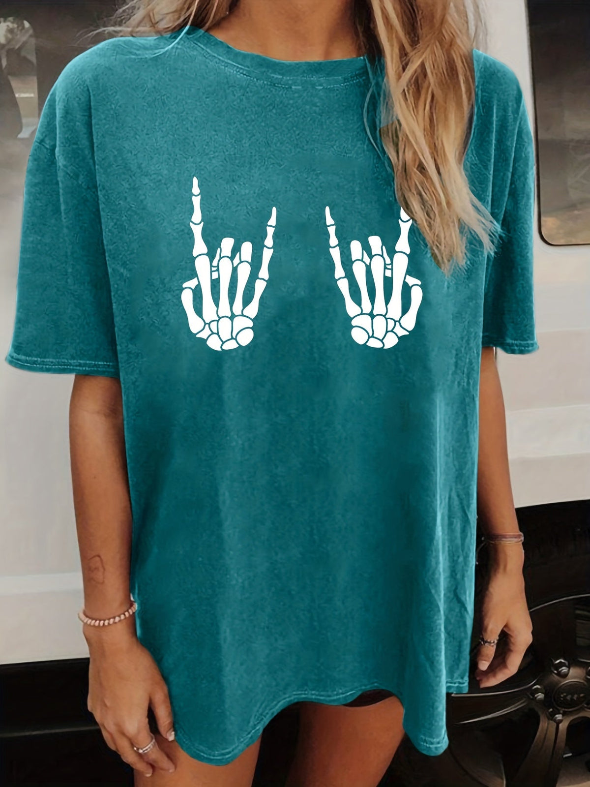 Women's Skull Print T-Shirt Crew Neck Short Sleeve Casual Loose Summer Top Halloween Fashion Graphic Tee Shirt S-XXL Multiple Colors