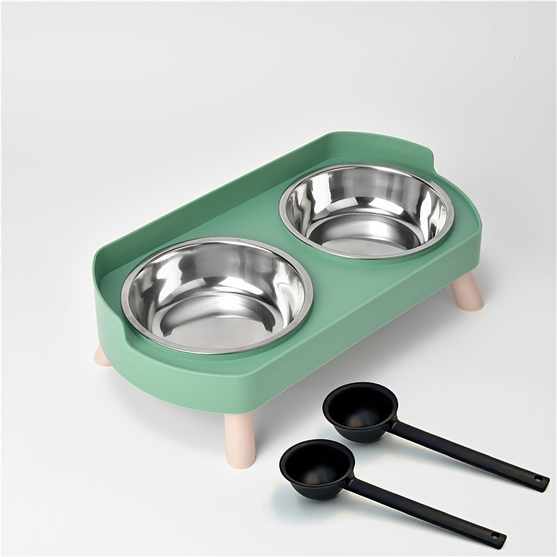 2-in-1 Cat Feeder and Water Dispenser with Stainless Steel Dual Bowl - Non-Slip Easy-Clean Pet Food & Water Station with Cute Cat Design, Healthy Hydration & Feeding Set for Cats & Small Dogs, Multiple Color Options