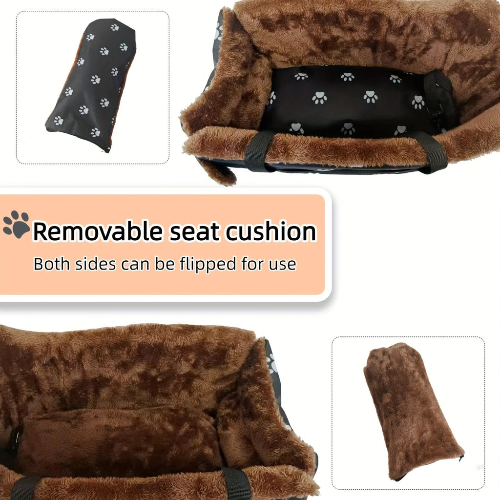 Pet Car Armrest Console Nest - Portable Backable Small Dog Cat Car Seat Bed, Center Console Pet Nest with Paw Print Design, Cozy Travel Companion for Small Pets, Black & Grey Footprints