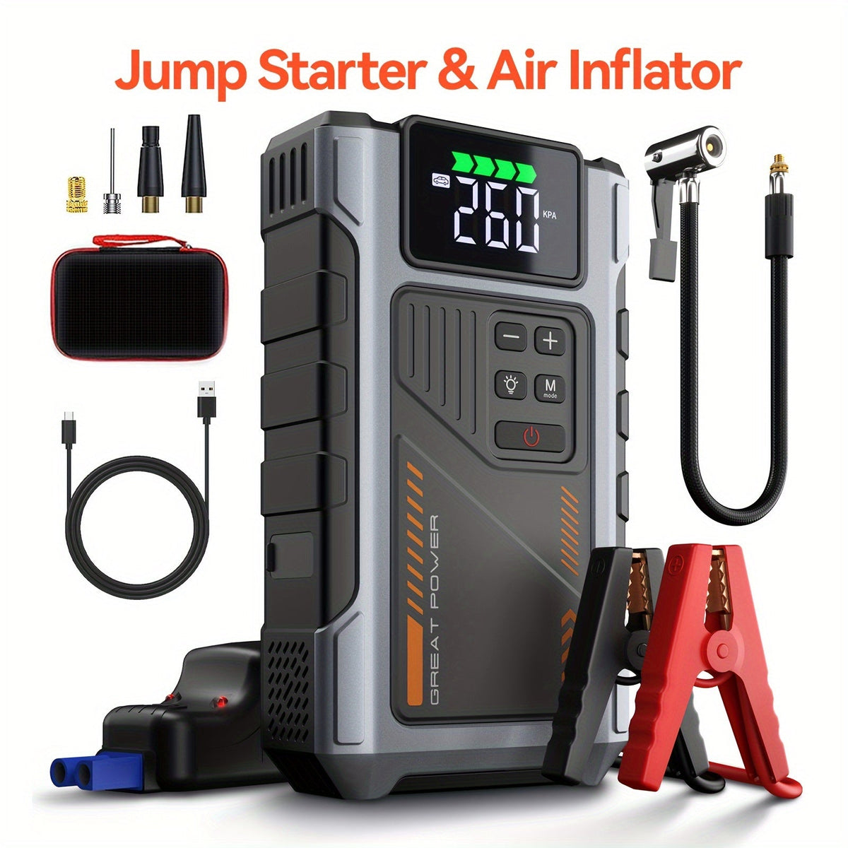 4000A Car Jump Starter with Air Compressor, 150PSI Tire Inflator & LED Light, Portable 12V Battery Jump Starter Pack for Gas 8.0L / Diesel 6.5L Engines – Car Emergency Kit
