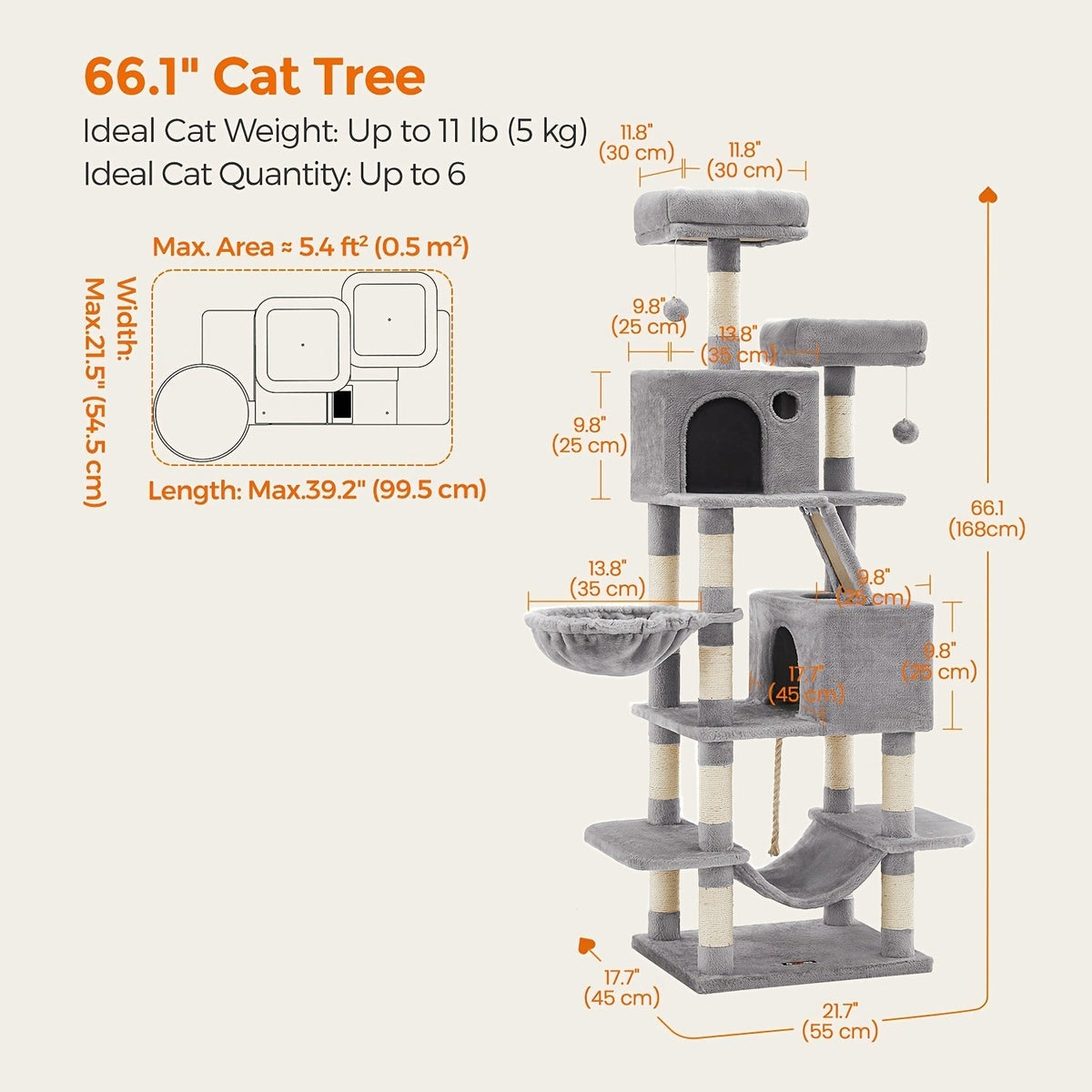 Multi-Level Cat Tree Tower 44-66 Inch with Hammock Sisal Scratching Posts Cozy Cave Perches Anti-Tilt Stable Cat Condo for Multi-Cat Families Kittens & Cats Gift