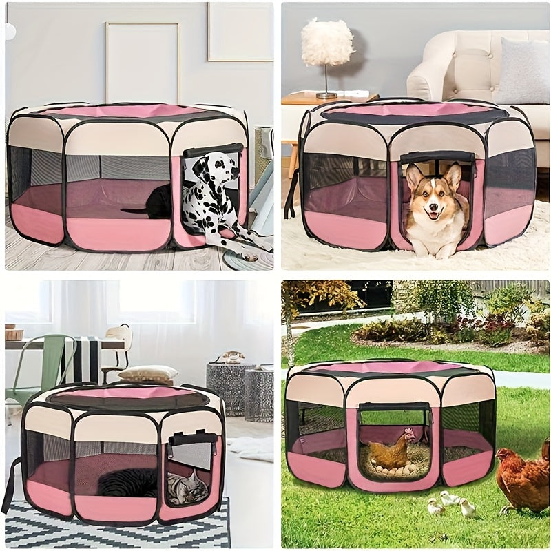 Folding Octagonal Pet Playpen Tent – Scratch-Resistant Oxford Cloth & Mesh Panel, Open Top Indoor Outdoor Cat Dog Puppy Crate, Large Space Portable Collapsible Pet Fence House for Travel & Storage
