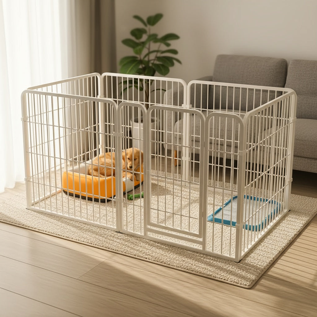 Stainless Steel Indoor Dog Enclosure – Multi-Functional Pet Pen with Resting, Play & Potty Training Zones for Small & Medium Dogs, Pre-Assembled Easy Setup, Black or White