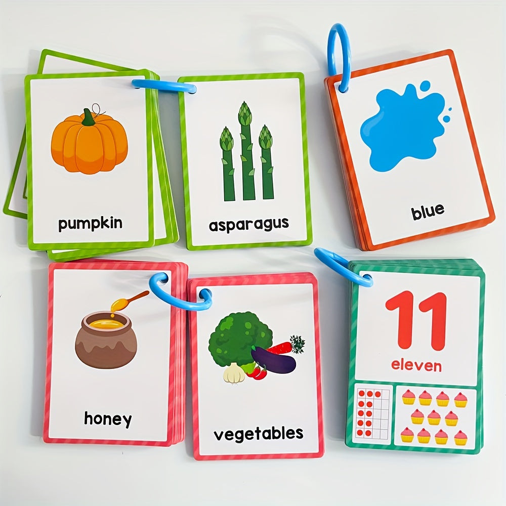 80pcs Educational Flash Cards for Kids Numbers Colors Shapes Fruits Vegetables Food Vocabulary with English Labels & 4 Sorting Rings Durable Learning Flashcards for Toddlers Preschool Kindergarten