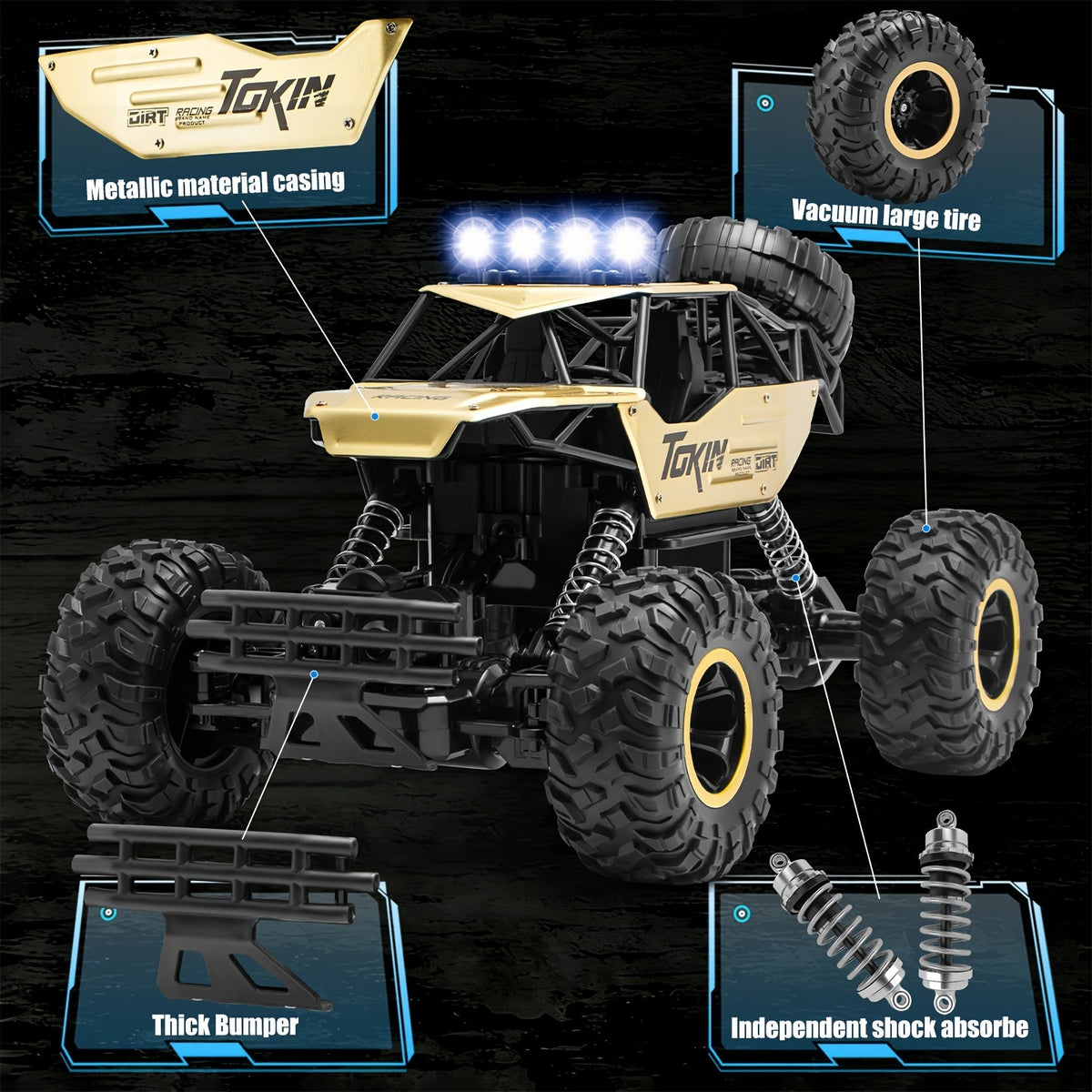 1:12 Scale RC Monster Truck 2.4GHz Off-Road Remote Control Car - Alloy Body, Independent Suspension, Rubber Tires, LED Lights, 1200mAh Battery, Crash-Resistant - Golden