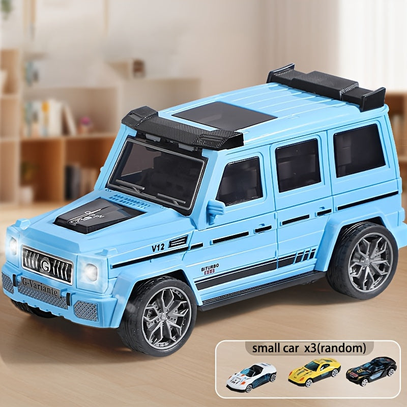 Transforming Track Car Toy with 3 Mini Cars - Foldable Off-Road Catapult Inertia Vehicle Launcher, STEM Educational Toy Car Set for Boys Kids Ages 3+, Birthday Christmas Gift (White or Blue)