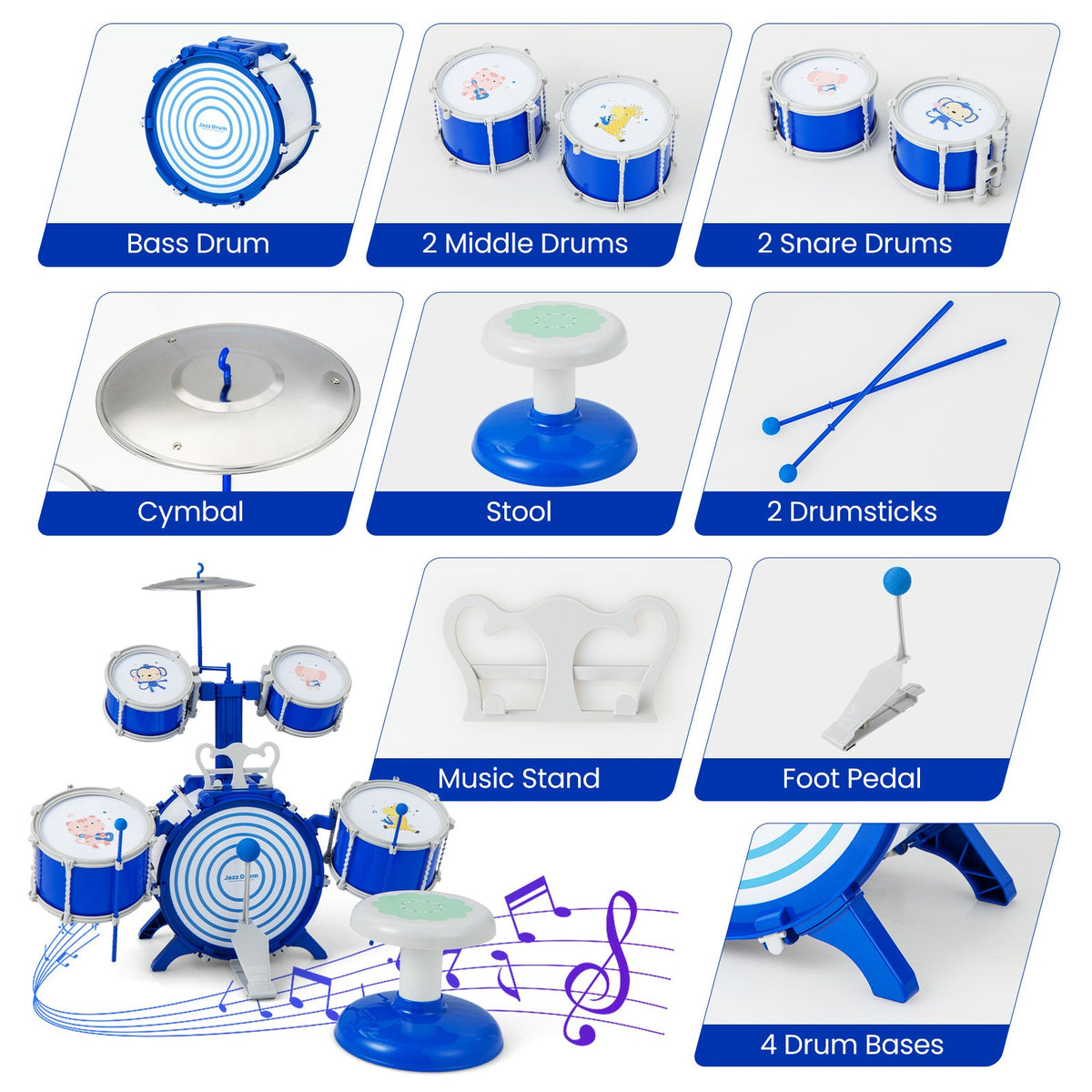 Kids Drum Set for Toddlers & Children - Complete Jazz Kit with Bass Drum, 2 Mid Drums, 2 Snare Drums, Cymbal, Spring Foot Pedal, Drumsticks, Music Stand & Stool | Beginner Percussion Gift for Boys & Girls