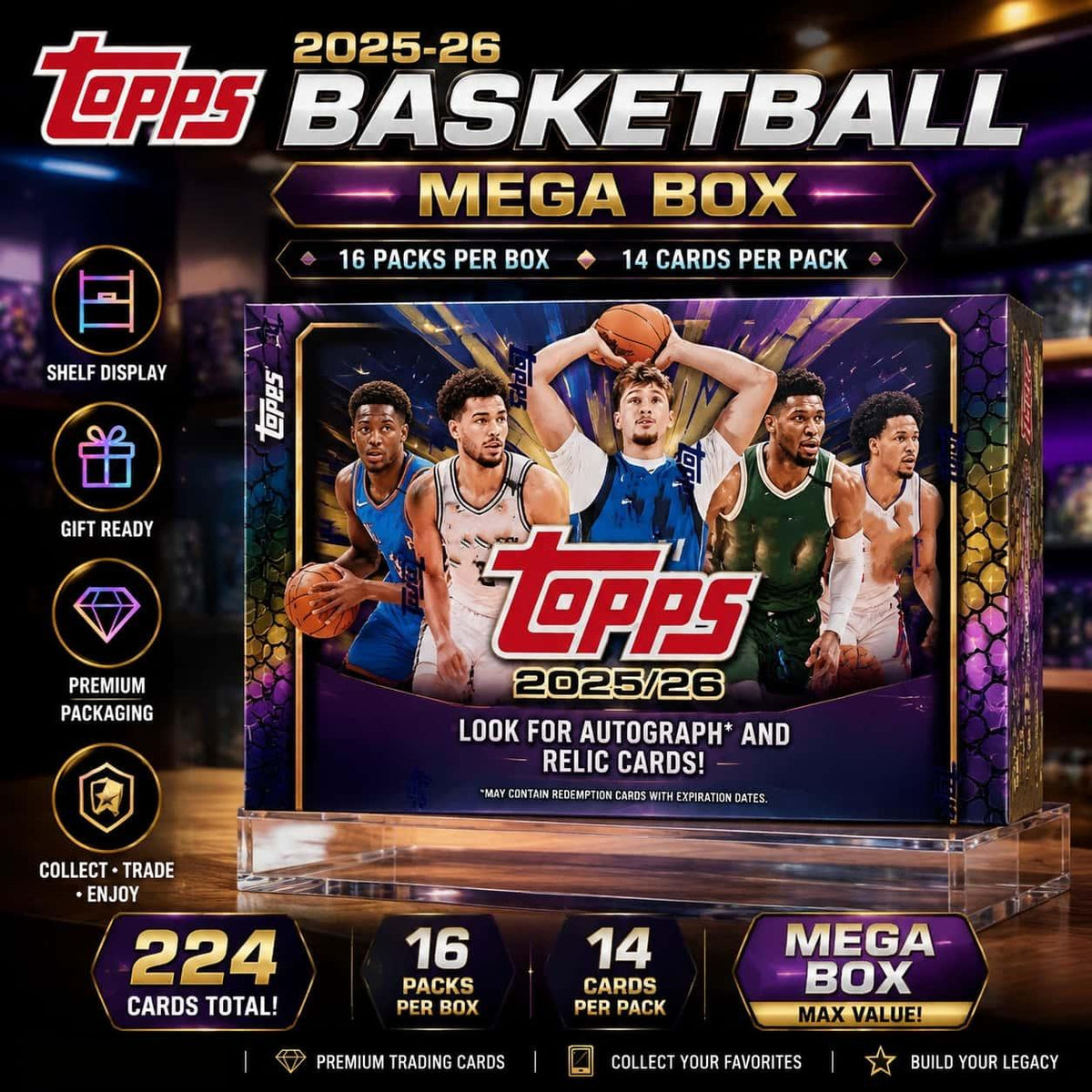 2025-26 Topps Basketball Collector Mega Box - 224 Cards, 16 Packs x 14 Cards, Factory Sealed NBA Trading Card Set for Hobby Collectors, Binder Storage & Collection Building
