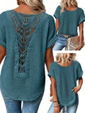 Lace Patchwork Round Neck Short Sleeve T-Shirt Women Summer Casual Flowy Top Peacock Blue Khaki Black White S M L XL XXL