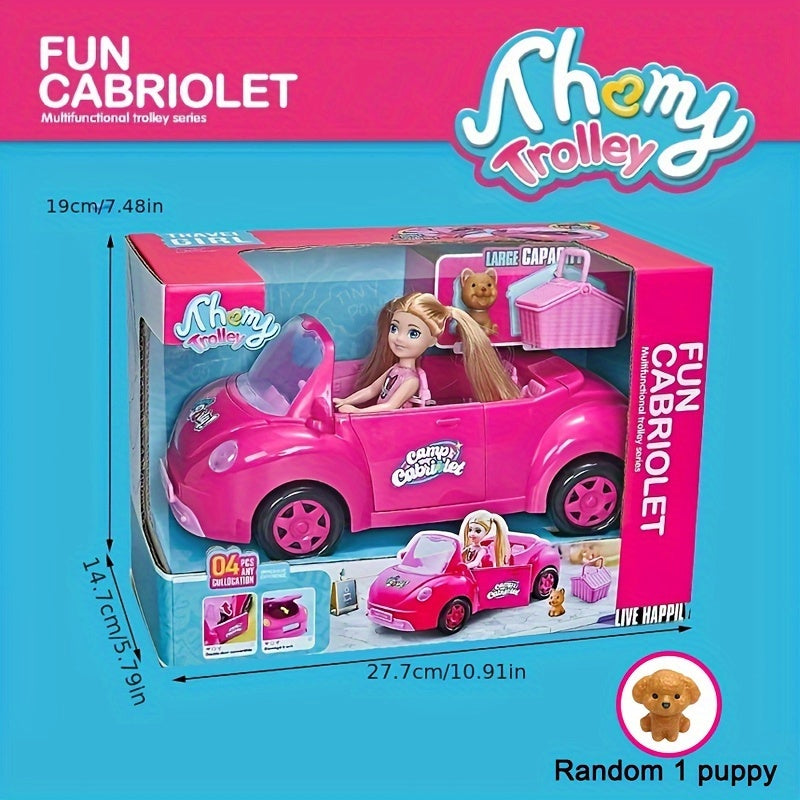 Mini Fashion Doll Convertible Cabriolet Dreamcar Playset with Pet Dog Puppy Dog House Car Model Toy Gift Set for Girls Ages 3+ Imaginative Pretend Play No Batteries