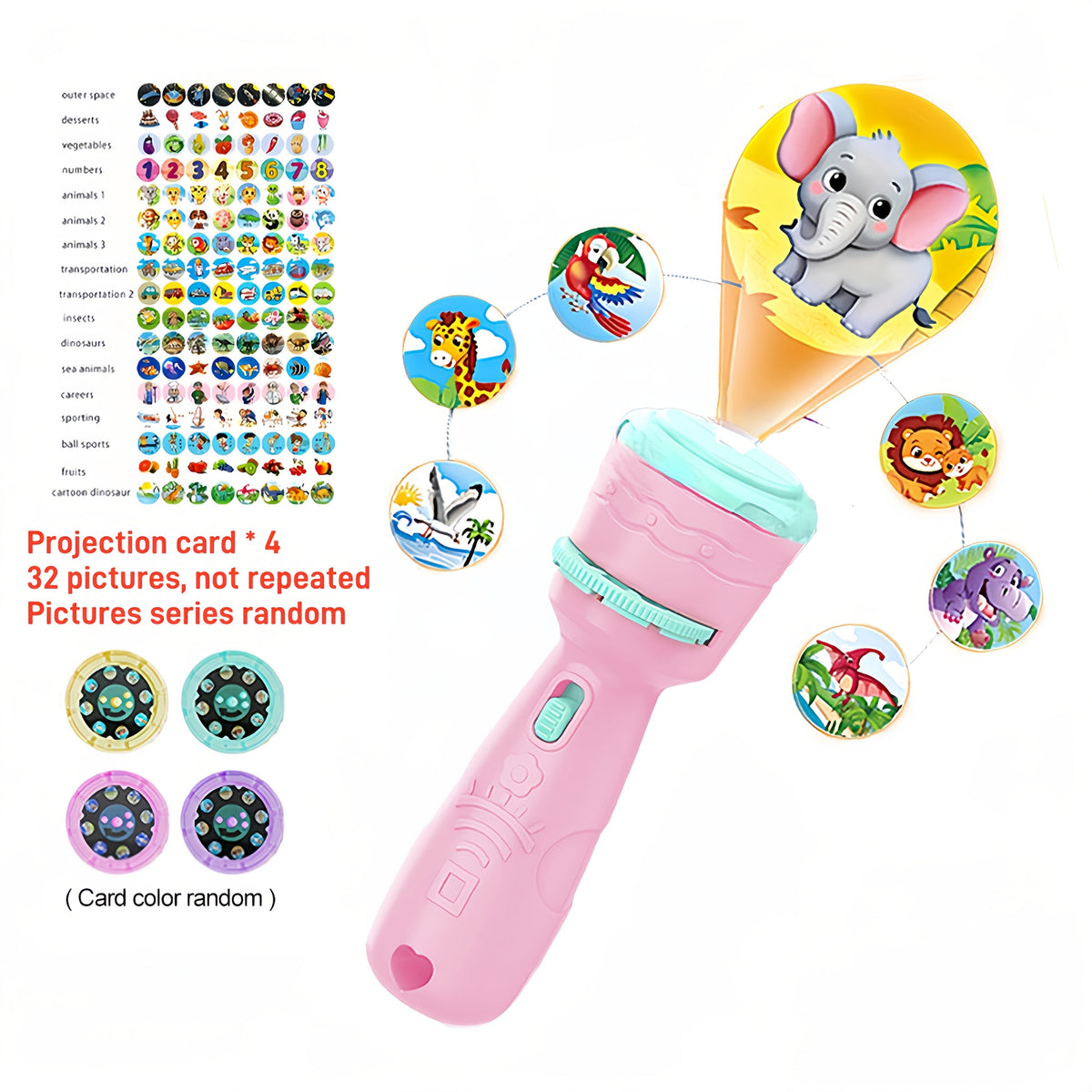 Kids Projection Toy with 4 Cards & 24 Patterns Vegetables Numbers Animals Educational STEM Learning Toy for Toddlers Birthday Gift Family Game Night – Random Color