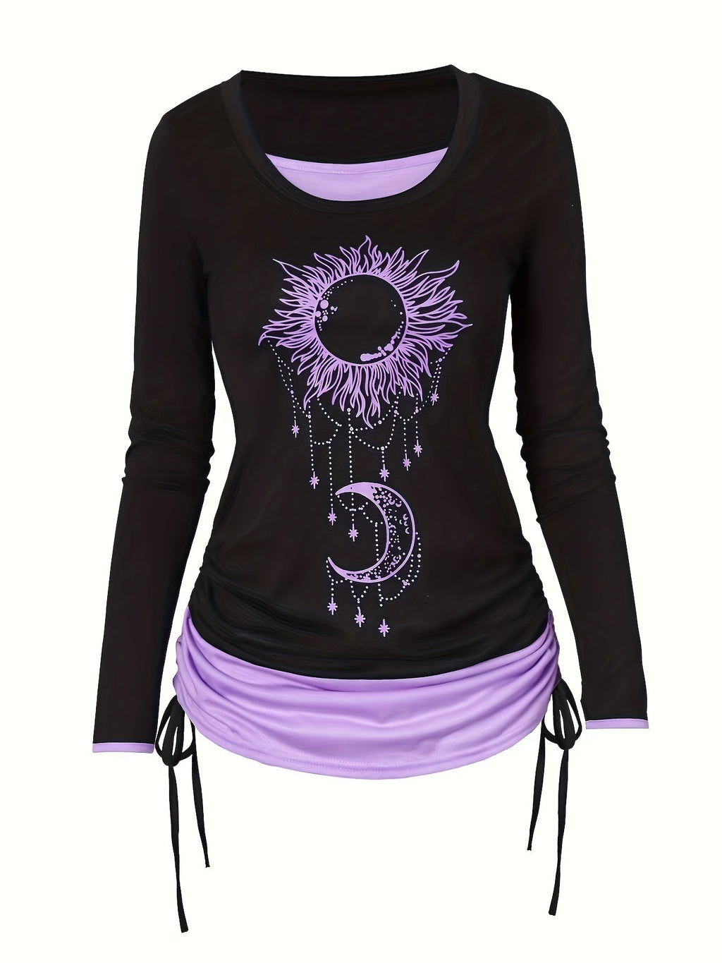 Women's Moon Sun Print Long Sleeve T-Shirt Colorblock Ruched Side Tie Casual Top Stretch Knit 2-in-1 Style Fashion Tee S M L XL XXL