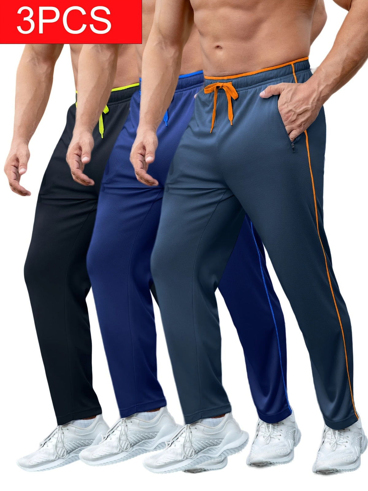 Men's Lightweight Sweatpants 3-Pack with Pockets – Open Bottom Athletic Jogger Pants for Workout Jogging Gym Running & Training, Sizes S-XXXL, 3 Color Sets