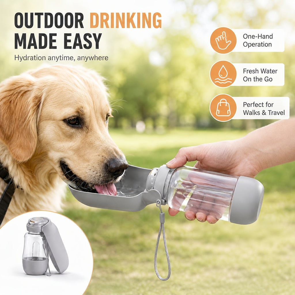 Dual-Chamber Dog Travel Water & Food Bottle with Lanyard – 17.58oz Water + 5.07oz Food Compartments, Leak-Proof Collapsible Bowl Dispenser for Hiking Outdoor Travel, 4 Colors