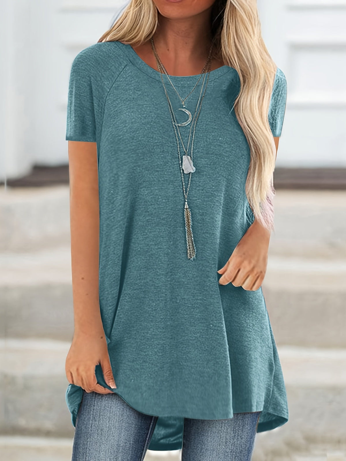 Women's Longline Raglan Short Sleeve T-Shirt – Solid Color Loose Fit Dipped Hem Knit Top in 15 Colors, 35% Viscose 60% Polyester 5% Elastane