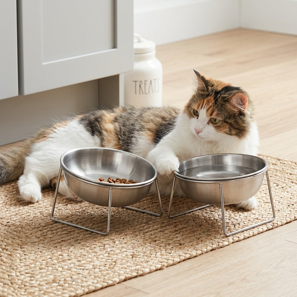 Elevated Dog & Cat Bowl Set – 15° Tilted Stainless Steel Raised Food & Water Bowl with Stand, Anti-Choke Ergonomic Design for Small Dogs & Cats – 2-Piece Bowl + Stand Set