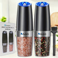 Electric Salt and Pepper Grinder Set 2 Pack – Gravity-Sensing Automatic Mill with LED Light, One-Hand Operation, Adjustable Coarseness, Battery Powered, Black Stainless Steel Kitchen Gift
