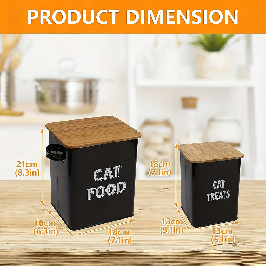 Metal Cat Food Storage Container with Scoop and Tight Fitting Lid - Vintage Airtight Cat Treat Canister for Dry Cat Food - Stylish Pet Food Storage Tin with Locking Lid Black