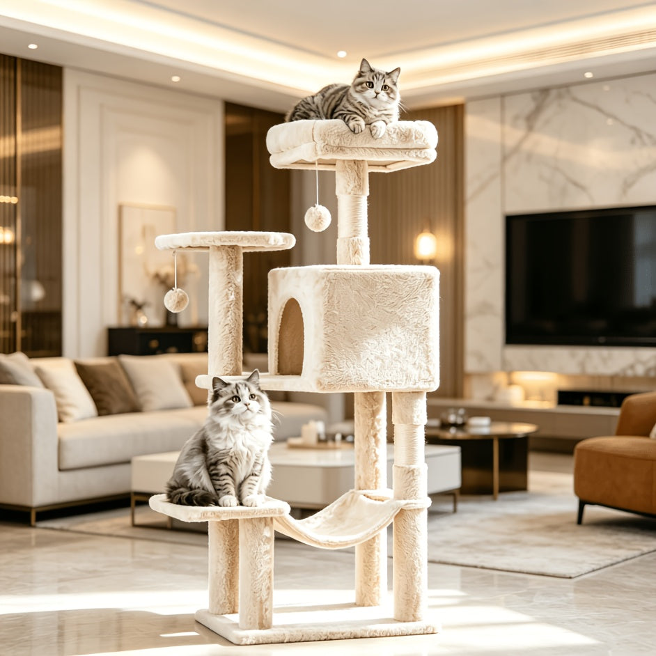 44 Inch Cat Tree Tower with Natural Sisal Scratch Posts, Large Hammock & Enclosed Cat Bed - Multi-Level Indoor Cat Climbing Structure for Large Cats & Multiple Cats, Modern Pet Furniture for Home