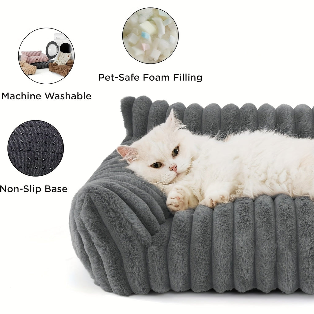 Cat Couch Sofa Bed for Indoor Cats - Fluffy Calming Cat Bed with Premium Soft Corduroy Fleece Cover, Non-Collapse Support Frame, Cozy Fuzzy Pet Sofa Lounge for Cats and Small Dogs