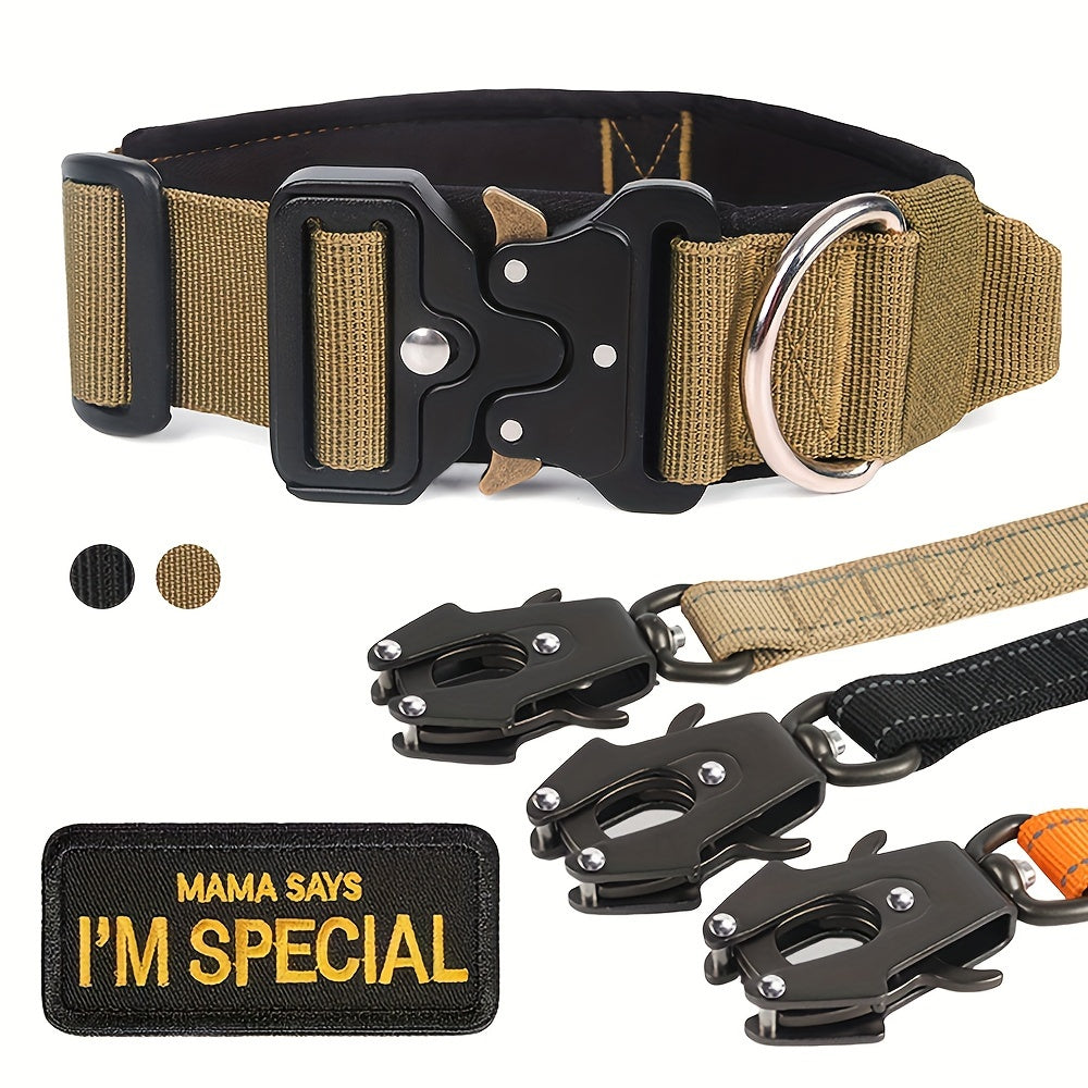 Tactical Dog Collar and Heavy Duty Elastic Leash Set for Medium Large Dogs - High Strength Metal Buckle Nylon Dog Collar, Stretchable Bungee Dog Leash, Outdoor Training Walking Gear