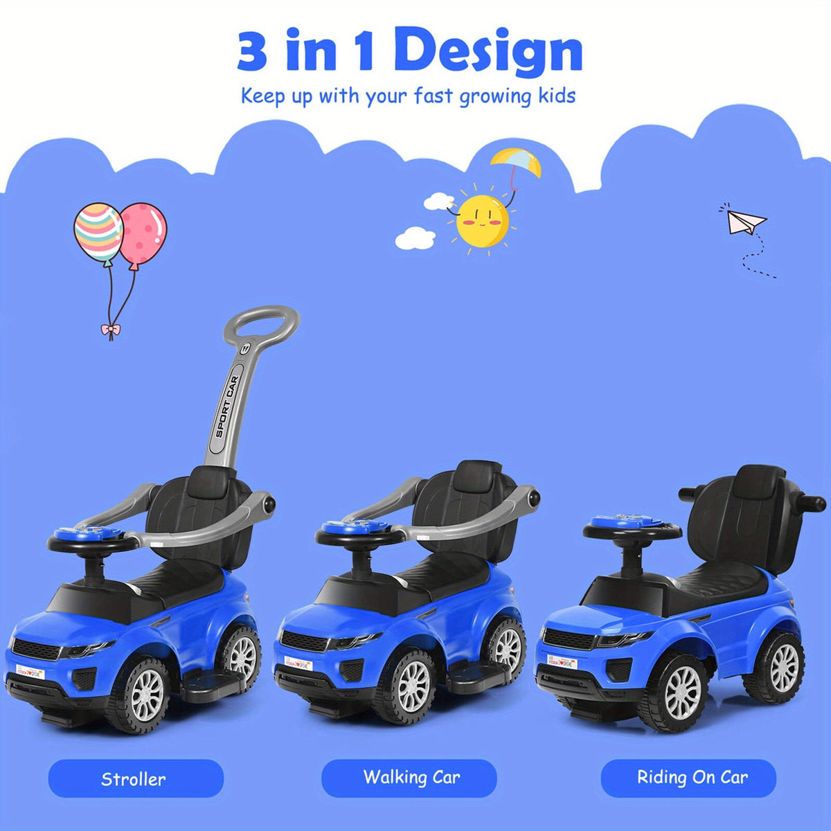 COSTWAY 3-in-1 Kids Ride-On Push Car Stroller Sliding Walking Car with Under-Seat Storage Parental Handle & Armrest Guardrails – Push Car for Boys & Girls Blue