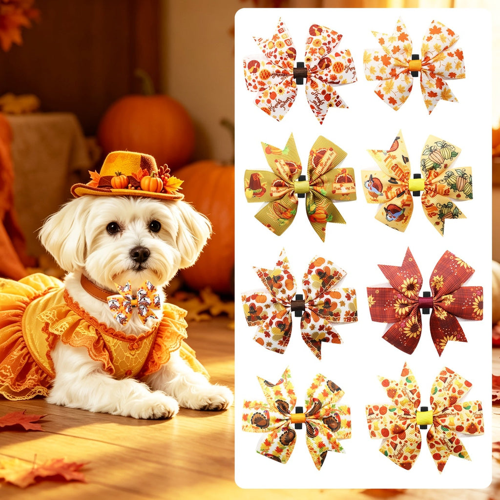 Thanksgiving Dog Collar Bows 60 Pack - Fall Maple Leaf Turkey Print Removable Pet Grooming Bow Ties for Dogs, DIY Holiday Dog Accessories for Collar Grooming Salon and Home, One Size Fits Most