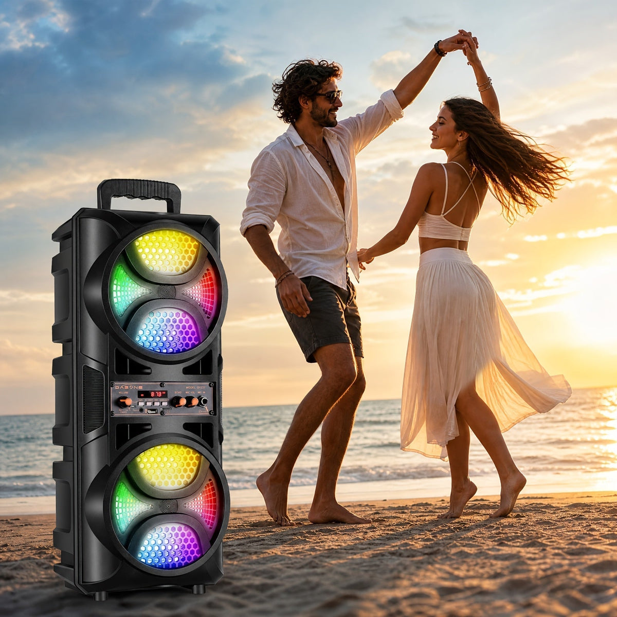 Portable Wireless PA Speaker System with Wired Microphone & RGB Lights – 6.5" Dual Woofer or 8" Subwoofer, FM Radio, USB/SD, Rolling Wheels for Party, DJ, Wedding & Meetings