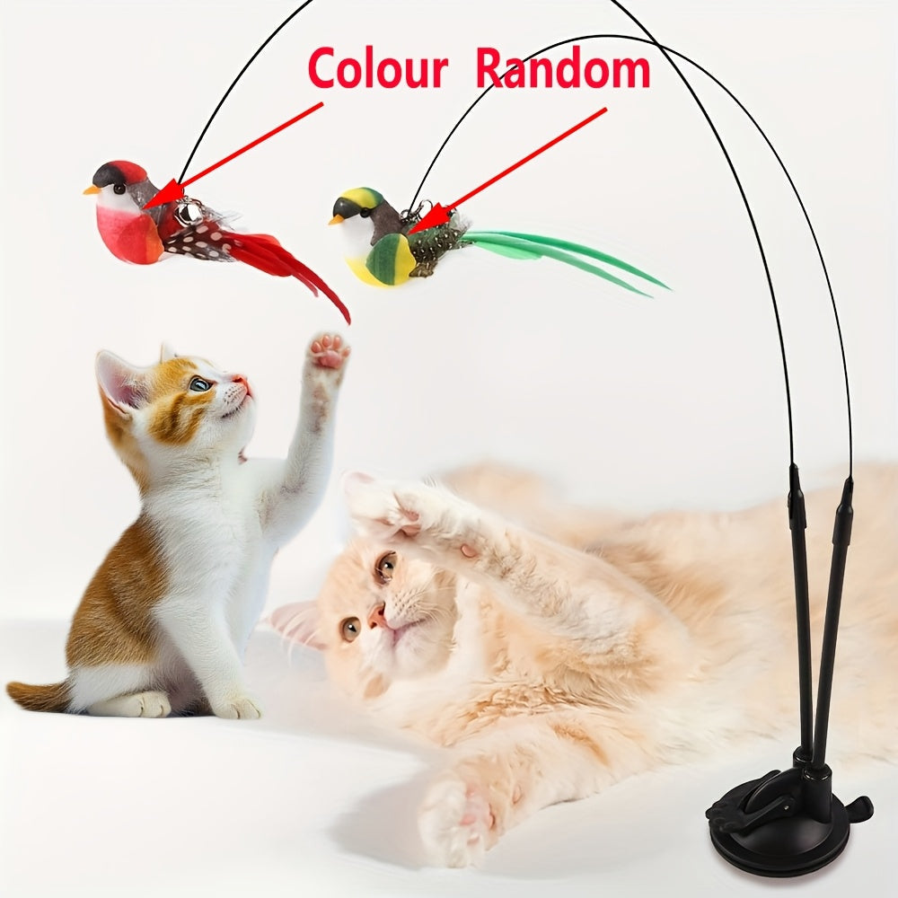 Interactive Cat Feather Bird Teaser Toy with Suction Cup Base – Hands-Free Double Rod Cat Wand Toy, Battery-Free Indoor & Outdoor Cat Toy, Non-Toxic Polyester, 2 Artificial Birds Included, Mixed Colors