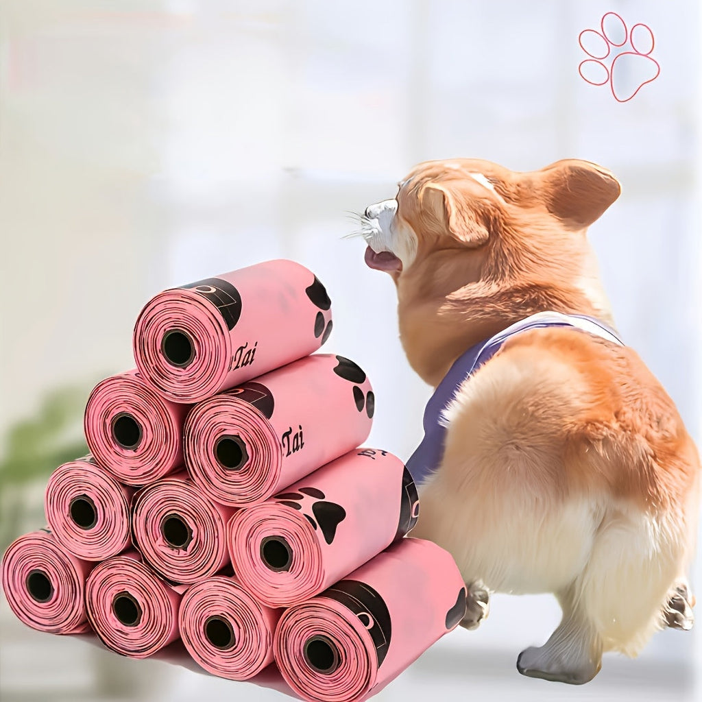 Dog Poop Bags with Paw Print Design – 15 Rolls/225 Count Thickened Leak-Proof Disposable Pet Waste Bags for Dogs & Cats, Easy Tear-Off Rolls, Portable for Walks & Outdoor Cleanup, Pink Cat Paw
